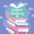 International literacy day, textbook on stack of books literature educational