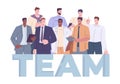 International male business team. Young entrepreneurs group, businessmen and managers. Flat cartoon positive office Royalty Free Stock Photo