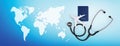 International medical travel insurance concept, stethoscope, passport and airplane in blue background with map