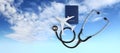 International medical travel insurance concept, stethoscope, passport and airplane in blue sky background