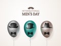 International men`s day or Father`s Day vector greeting card. Realistic balloons black, green, brown with mustache and Royalty Free Stock Photo