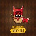 International mens day vector cartoon greeting card with funny cartoon cute brown super hero potato with red hero cape