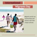 International migrants day text and african american parents and children enjoying at sandy beach