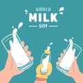 International Milk Day celebration. A group of adult, teen, children, baby hands drink a toast together concept. A lot of splash