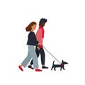 International mixed couple dog walk illustration