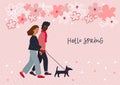 International mixed couple dog walk illustration