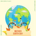 International Mother Earth Day with world map. Bicycle with leaves on a background of the globe. Concept on the theme of