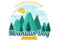 International Mountain Day Vector Illustration on December 11 with Mountains Panorama, Green Valley and Trees in Flat Cartoon