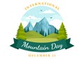 International Mountain Day Vector Illustration on December 11 with Mountains Panorama, Green Valley and Trees in Flat Cartoon