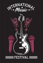 International music festival poster with electric guitar and microphones in black background