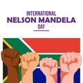 International Nelson Mandela Day, African flag behind hands, illustration vector