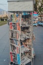 International newspapers on sale at a newspaper stand on a street in Nice, France Royalty Free Stock Photo