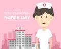 International nurse day banner with cute woman nurse and hospital on pink background vector design