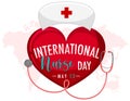 International Nurse Day logo on big heart with nurse\'s cap on world map background