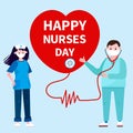 International nurse day. Woman and man in uniform with stethoscope. Heart with phrase and heartbeat. Vector Greeting