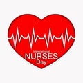 International nurses day illustration with red heart and heartbeat. Card or design for doctors, nurses and medicine.