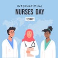 International nurses day square web banner template or greeting card. Medical staff, diverse team of female and male