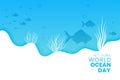 international ocean day event poster with blue seascape and aquatic life
