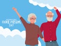 International older persons day lettering with old couple celebrating and clouds