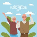International older persons day lettering with old couple celebrating and leafs