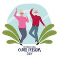 International older persons day lettering with old couple celebrating and leafs