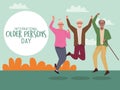 International older persons day lettering with old people jumping celebrating in the field