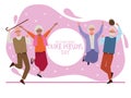 International older persons day lettering with old people jumping celebrating