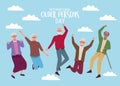 International older persons day lettering with old people jumping in sky