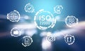 International Organization for Standardization ISO 22000. Different virtual icons on blurred background