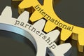 International Partnership concept on the gearwheels, 3D rendering