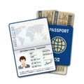 International passport and airline boarding pass ticket. Female passport template with biometric data identification and photo