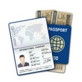 International passport and airline boarding pass ticket. Male passport template with biometric data identification and photo Royalty Free Stock Photo