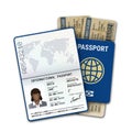 International passport and airline boarding pass ticket. Passport template of the black woman with biometric data identification Royalty Free Stock Photo