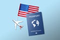 International passport, airplane model and American flag on light blue background, flat lay Royalty Free Stock Photo