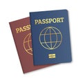 International passport cover red and blue template. Vector biometric citizen passports cover with map