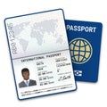 International passport template of the black man with biometric data identification and sample of photo and other personal data Royalty Free Stock Photo