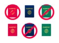 International passports with prohibition sign set. National documents in stop circle on white background. Travel visa