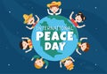 International Peace Day Cartoon Illustration with Hands, Cute Children, Globe and Blue Sky to Create Prosperous in the World