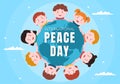 International Peace Day Cartoon Illustration with Hands, Cute Children, Globe and Blue Sky to Create Prosperous in the World