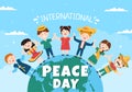 International Peace Day Cartoon Illustration with Hands, Cute Children, Globe and Blue Sky to Create Prosperous in the World