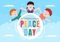 International Peace Day Cartoon Illustration with Hands, Cute Children, Globe and Blue Sky to Create Prosperous in the World