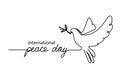 International peace day.Continuous line drawing. Lettering on white background. Peace dove sign. Olive branch. Vector Royalty Free Stock Photo