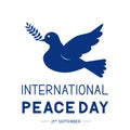 International Peace Day lettering with flying dove and olive branch. Flat vector illustration. Easy to edit template for logo Royalty Free Stock Photo