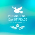 International Peace Day lettering with flying dove and olive branch. Flat vector illustration. Easy to edit template for logo Royalty Free Stock Photo