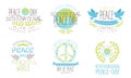 International Peace Day, Life in Peaceful World Templates Set, United Nations Hand Drawn Badges Vector Illustration