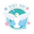 International peace day pigeon with branch in beak world flowers cartoon Royalty Free Stock Photo