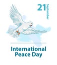 International peace day. September 21st. Hand drawing of a peace dove. Background template for poster or Banner design. Vector ill