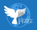 International peace day - white dove bird with leaf are flying on earth world sign and blue background vector design Royalty Free Stock Photo