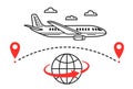 International plane flight travel trip, airplane fly tourist route around world, aircraft path, earth globe line icon vector Royalty Free Stock Photo