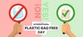 International plastic bag free day - hand hold circle banner no! plastic bag and yes! fabric bag vector design